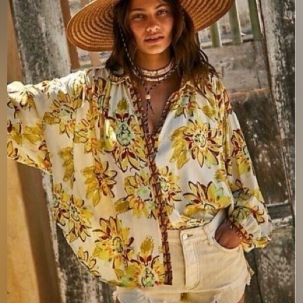Free People Floral Yellow and White Shirt